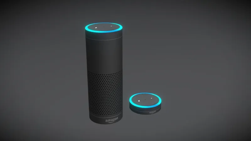 A voice assistant speaker glowing on a dark desk