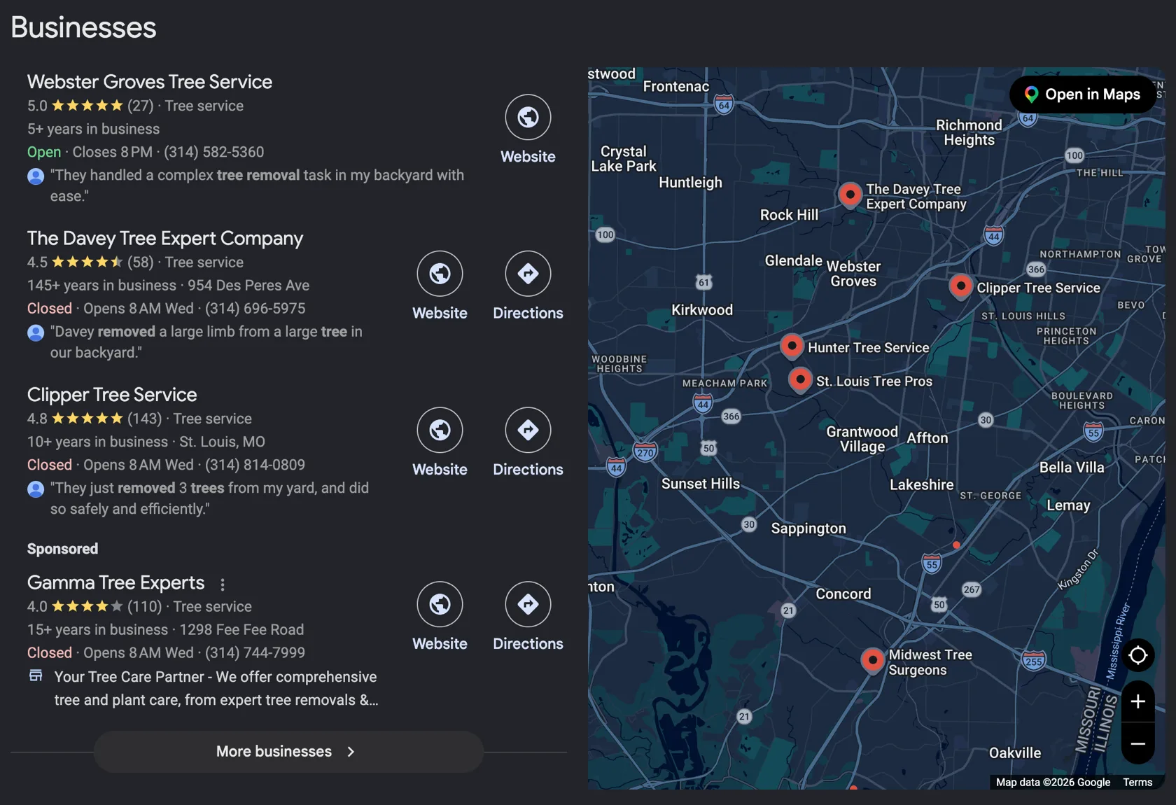 The map pack for tree removal Webster Groves: three tree services above a labeled ad and a map of the St. Louis suburbs
