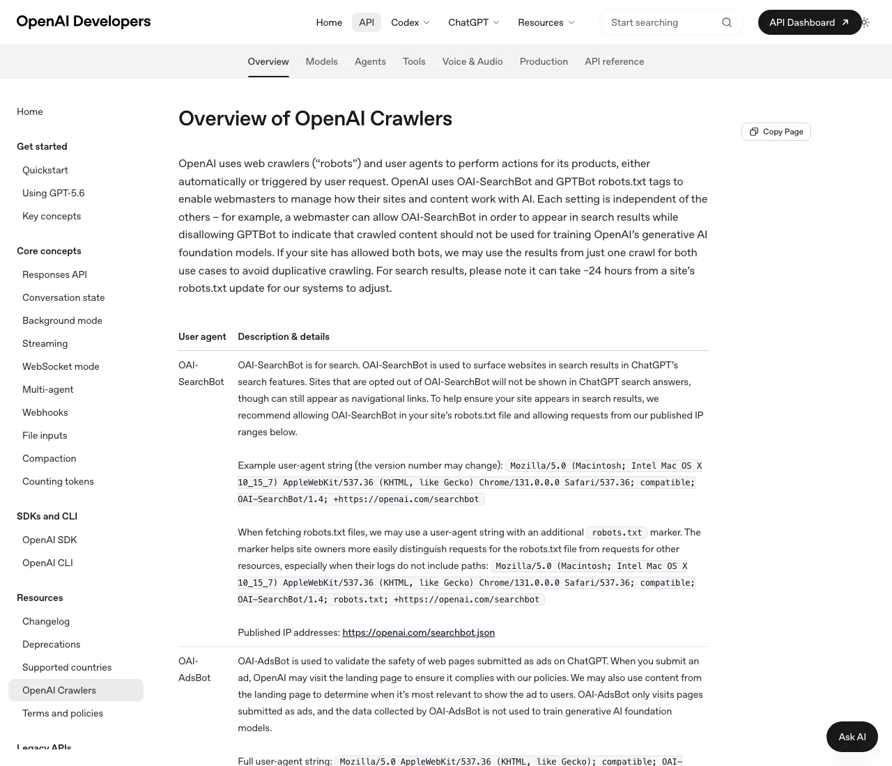 OpenAI's crawler documentation page describing OAI-SearchBot, GPTBot, and ChatGPT-User, with the note that robots.txt updates take about 24 hours