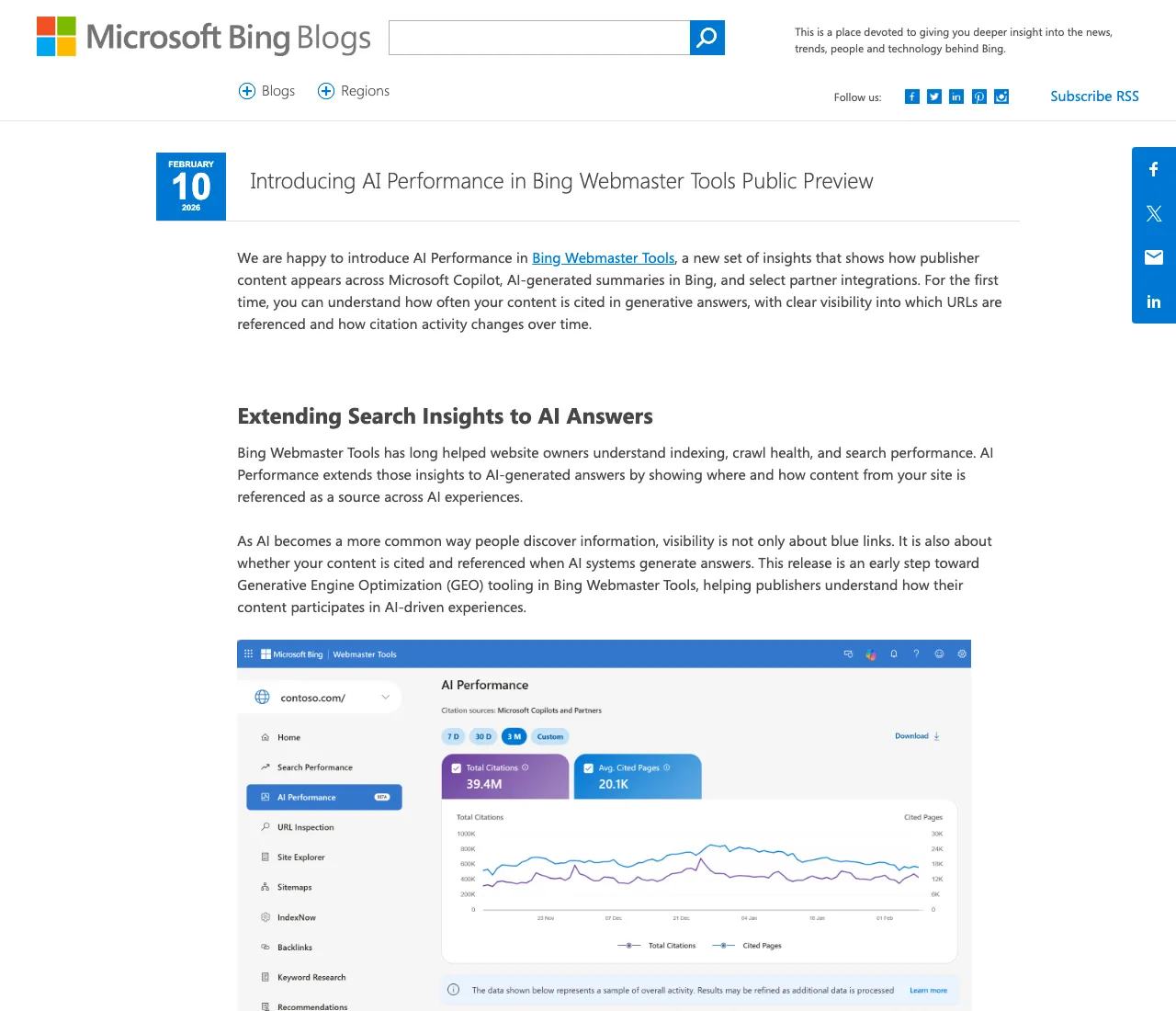 Bing's blog announcement of AI Performance in Bing Webmaster Tools, with a dashboard showing total citations across Microsoft Copilot