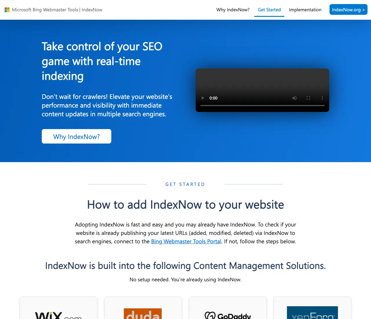 Bing's IndexNow get-started page listing the content platforms that have IndexNow built in