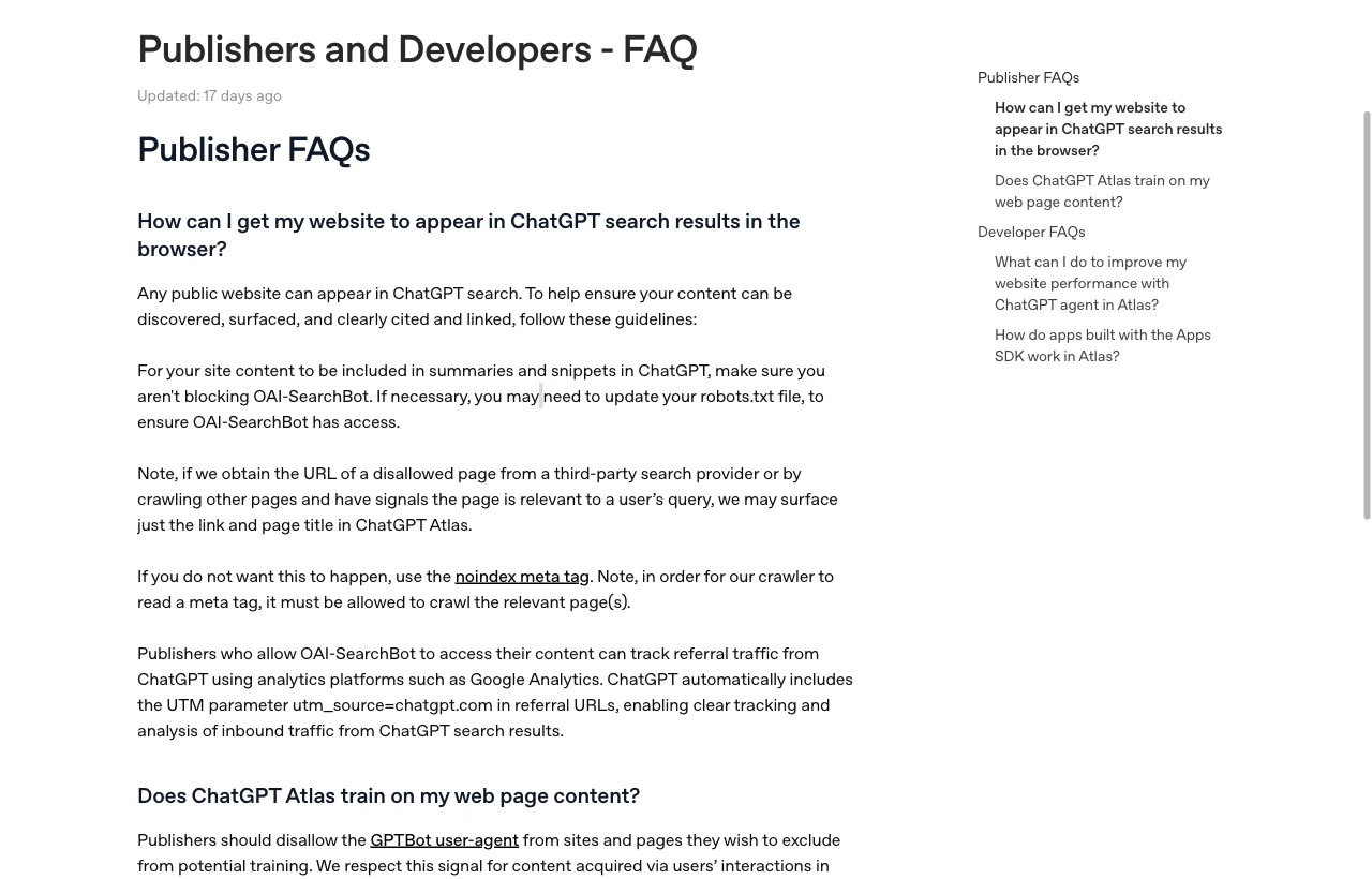 OpenAI's Publishers and Developers FAQ stating content must not block OAI-SearchBot and that ChatGPT adds utm_source=chatgpt.com to referral links