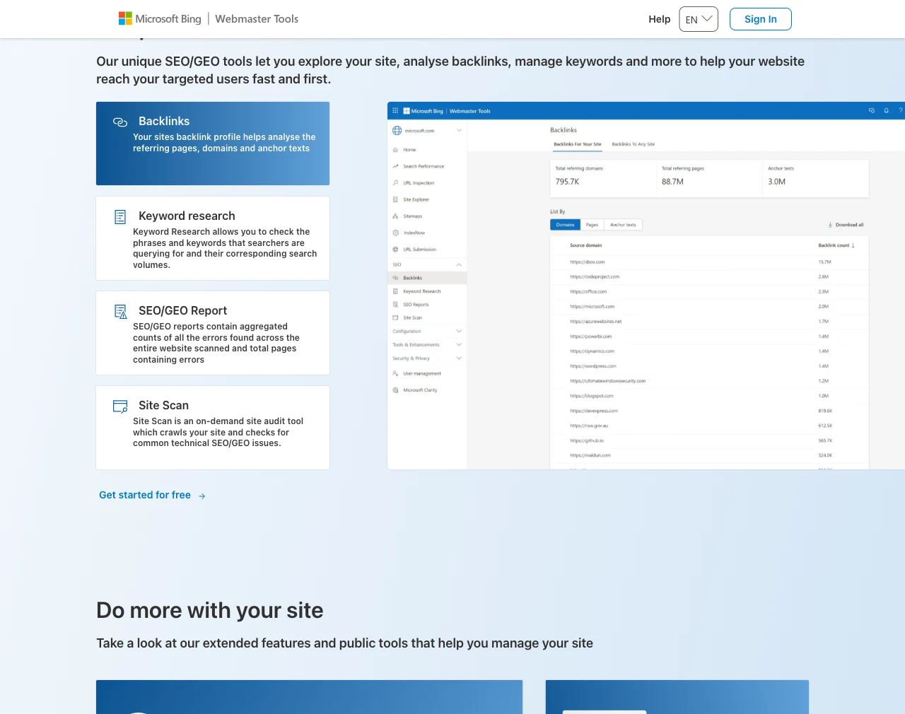 The Bing Webmaster Tools portal page showing its free tools: backlinks, keyword research, SEO reports, and Site Scan