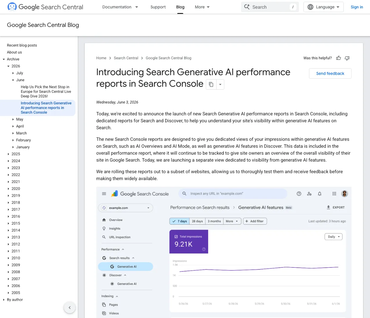 Google Search Central blog post announcing Search Generative AI performance reports, with a screenshot of the new report inside Search Console