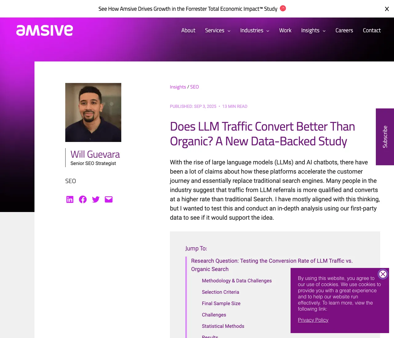 Header of Amsive's study, Does LLM Traffic Convert Better Than Organic, by Will Guevara, Senior SEO Strategist