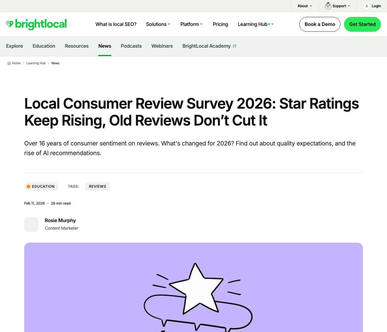 Header of BrightLocal's latest Local Consumer Review Survey, written by Rosie Murphy