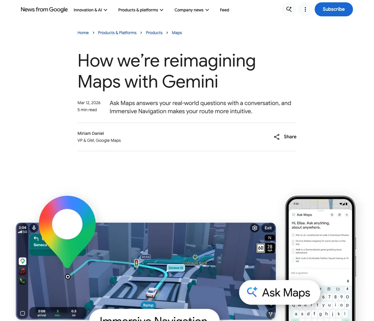 Google's announcement of Ask Maps, showing the conversational Ask Maps interface on a phone next to immersive navigation