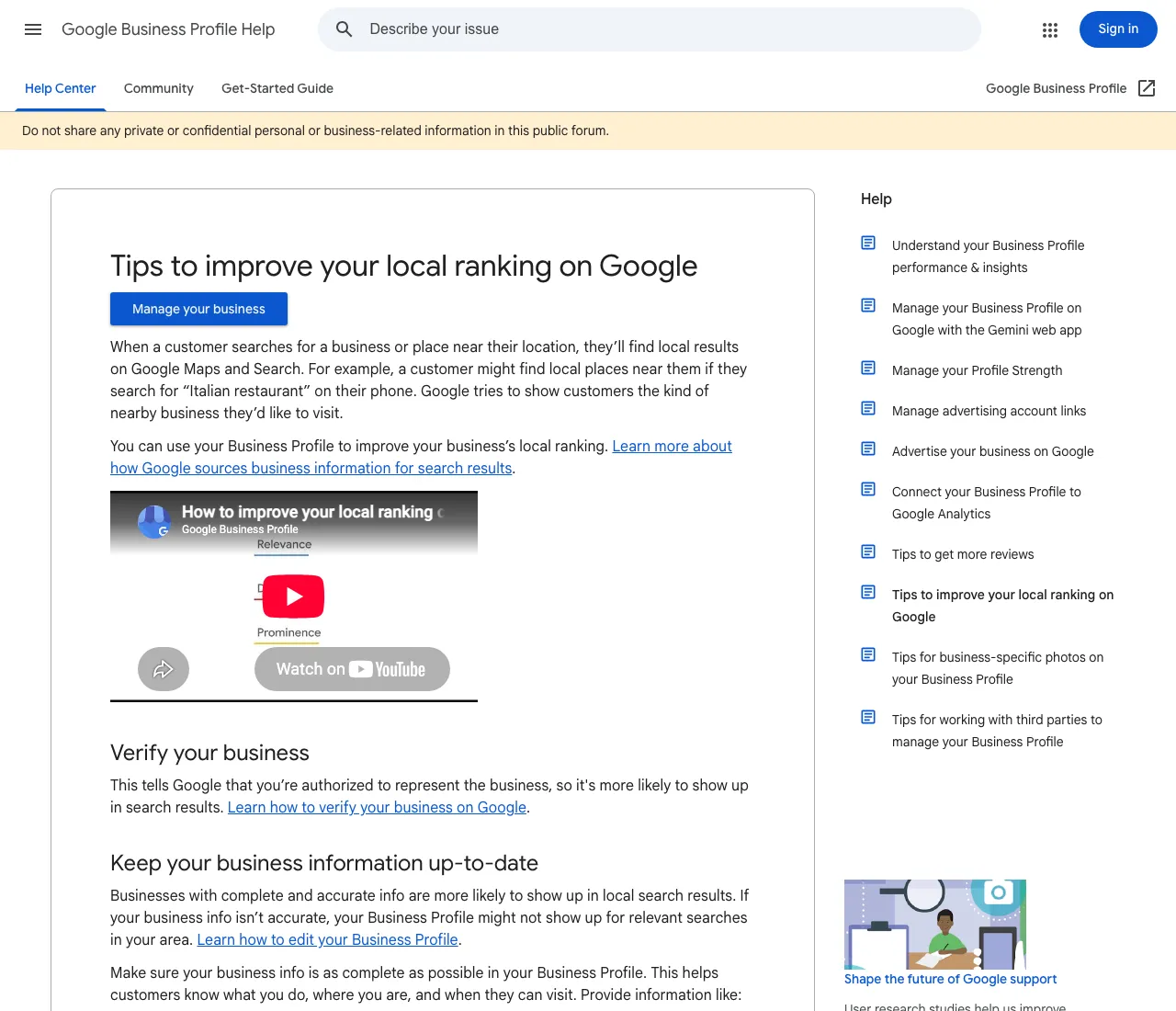 Google Business Profile Help page titled Tips to improve your local ranking on Google