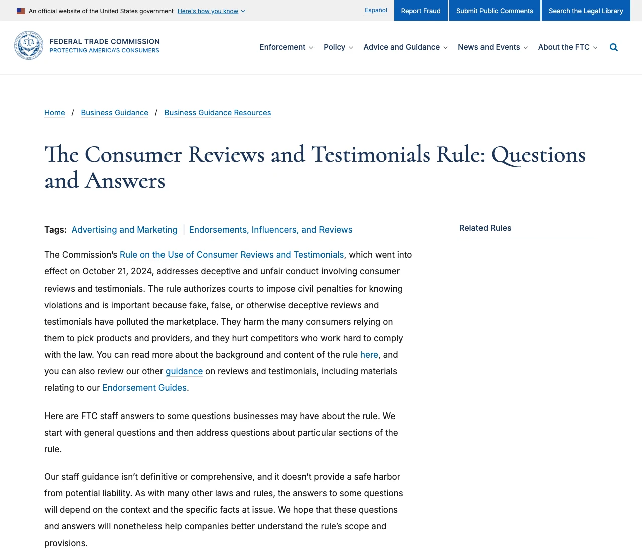 FTC page describing the Consumer Reviews and Testimonials Rule, on ftc.gov