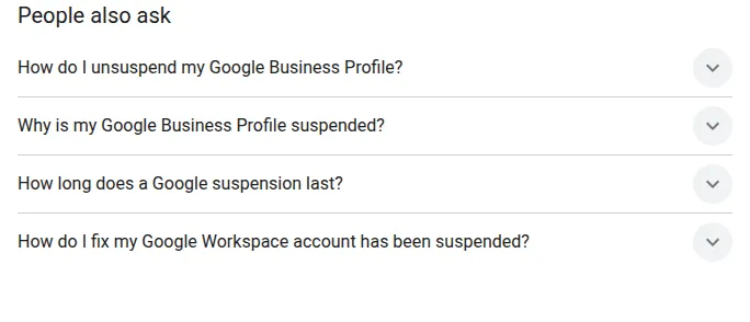 Google’s People also ask box for the search google business profile suspended, listing the same four questions this FAQ answers