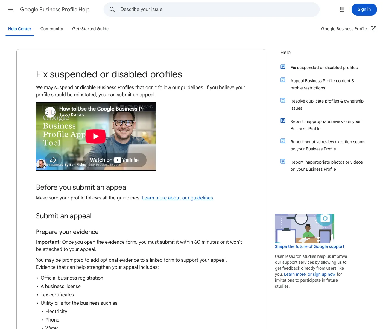 Google's Fix suspended or disabled profiles help page, with the evidence list and the sixty-minute warning marked Important