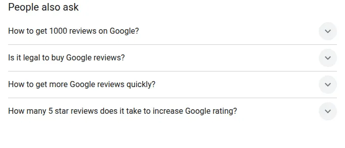 Google’s People also ask box for the search how to get more google reviews, listing the same four questions this section answers