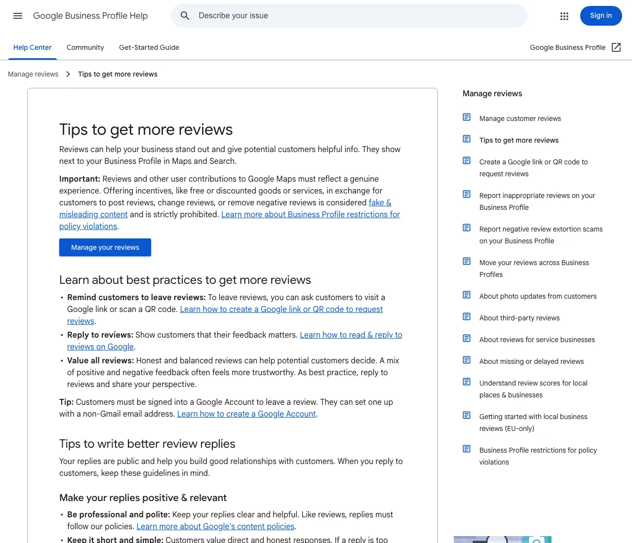 Google's Tips to get more reviews help page, with the incentive prohibition bolded as Important and the ask-reply-value best practices below it