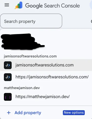 The Search Console property selector open, listing two verified properties with the account email blacked out