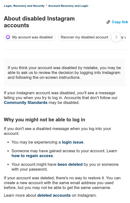 Instagram Help Center page on disabled accounts