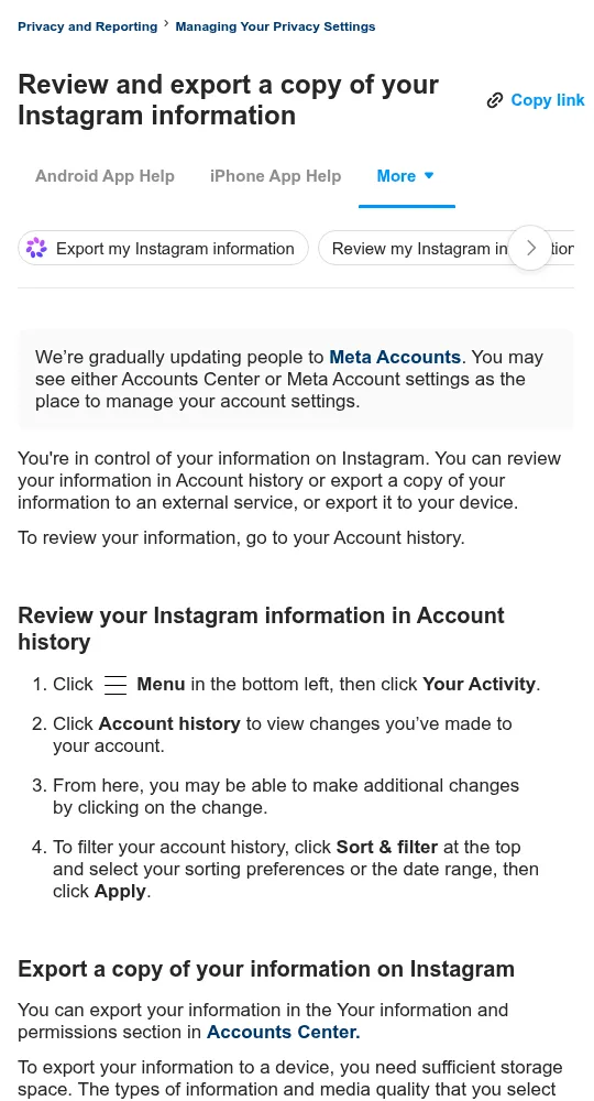 Instagram Help Center export-your-information steps