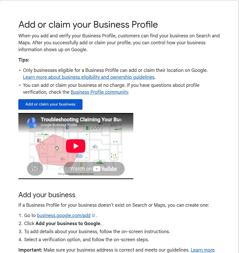 Google page for claiming your Business Profile