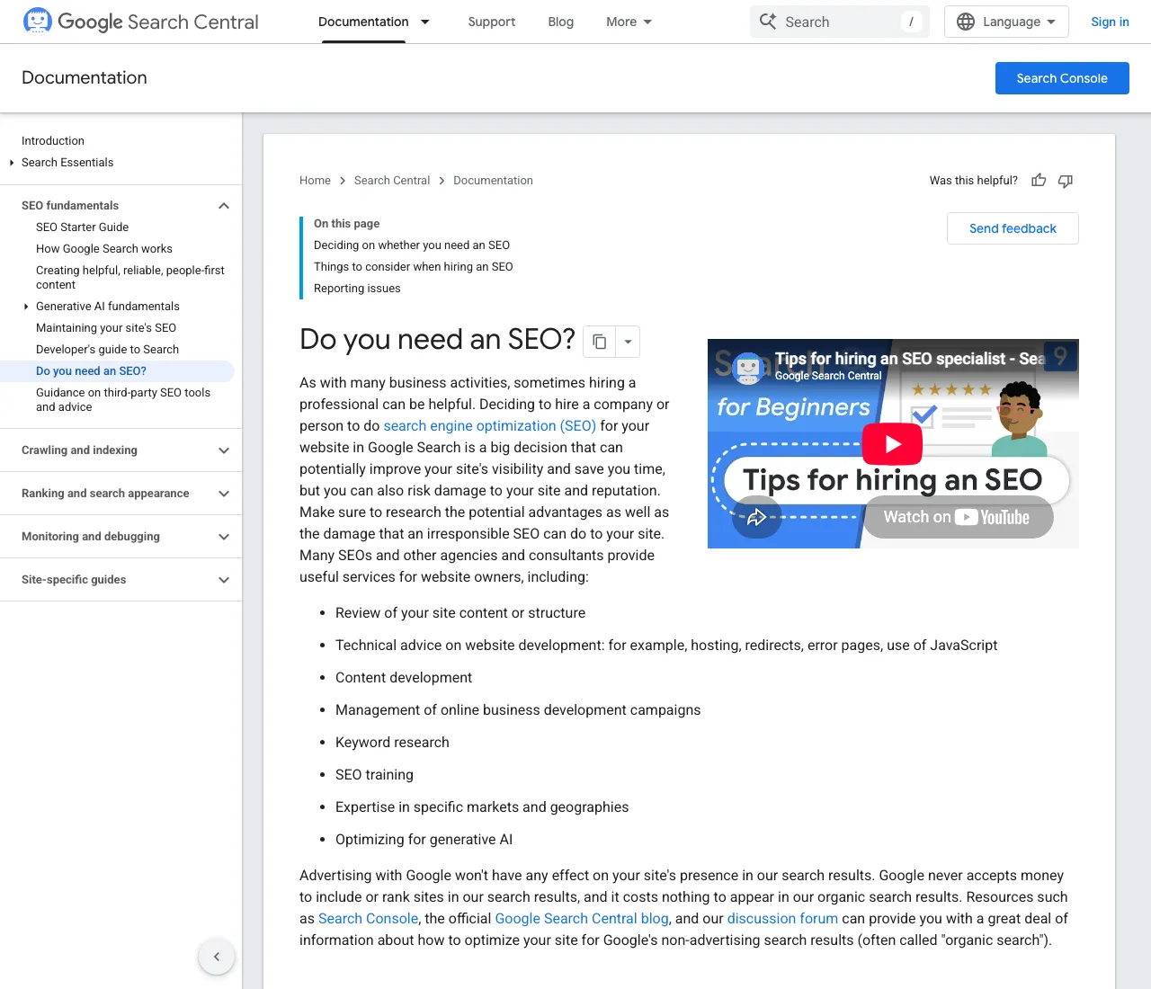 Google's Do you need an SEO documentation page, with Optimizing for generative AI listed among legitimate SEO services