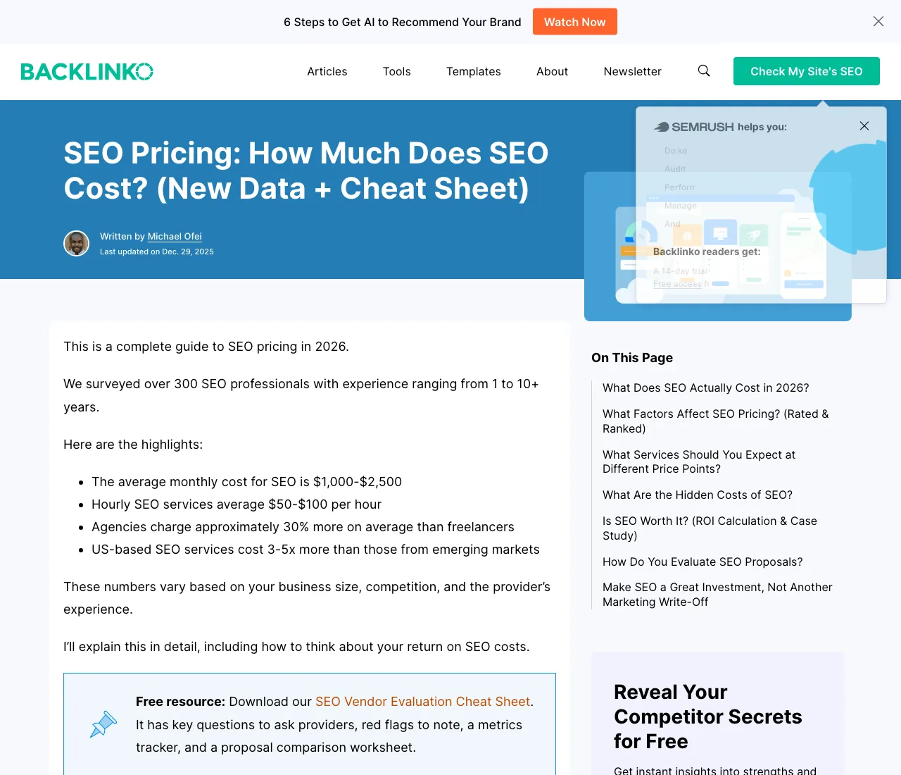 Backlinko's SEO pricing survey highlights showing the average monthly cost, hourly rates, and the US-versus-overseas price gap