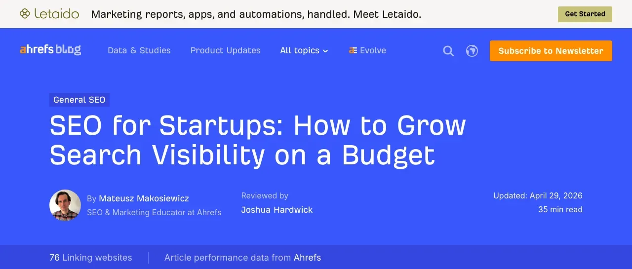The Ahrefs guide to startup SEO, showing its author, its update date this April, and its opening definition
