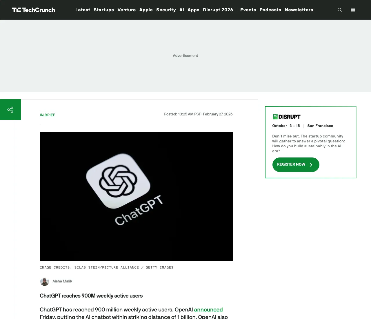 The TechCrunch article reporting ChatGPT reaching nine hundred million weekly active users, dated this February