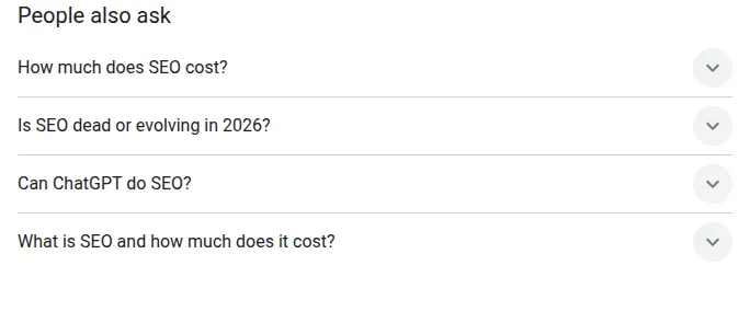 Google's People Also Ask box for the search 'seo pricing', with 'How much does SEO cost?' as the first question