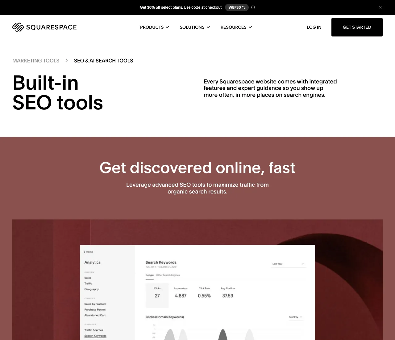 Squarespace's Built-in SEO tools marketing page, promising to get discovered online fast