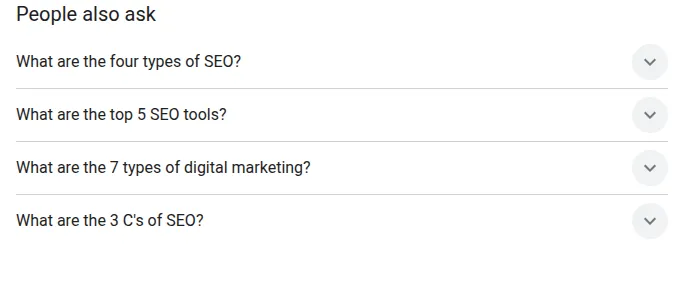 Google’s People also ask box for the search types of seo, with What are the four types of SEO as the first question