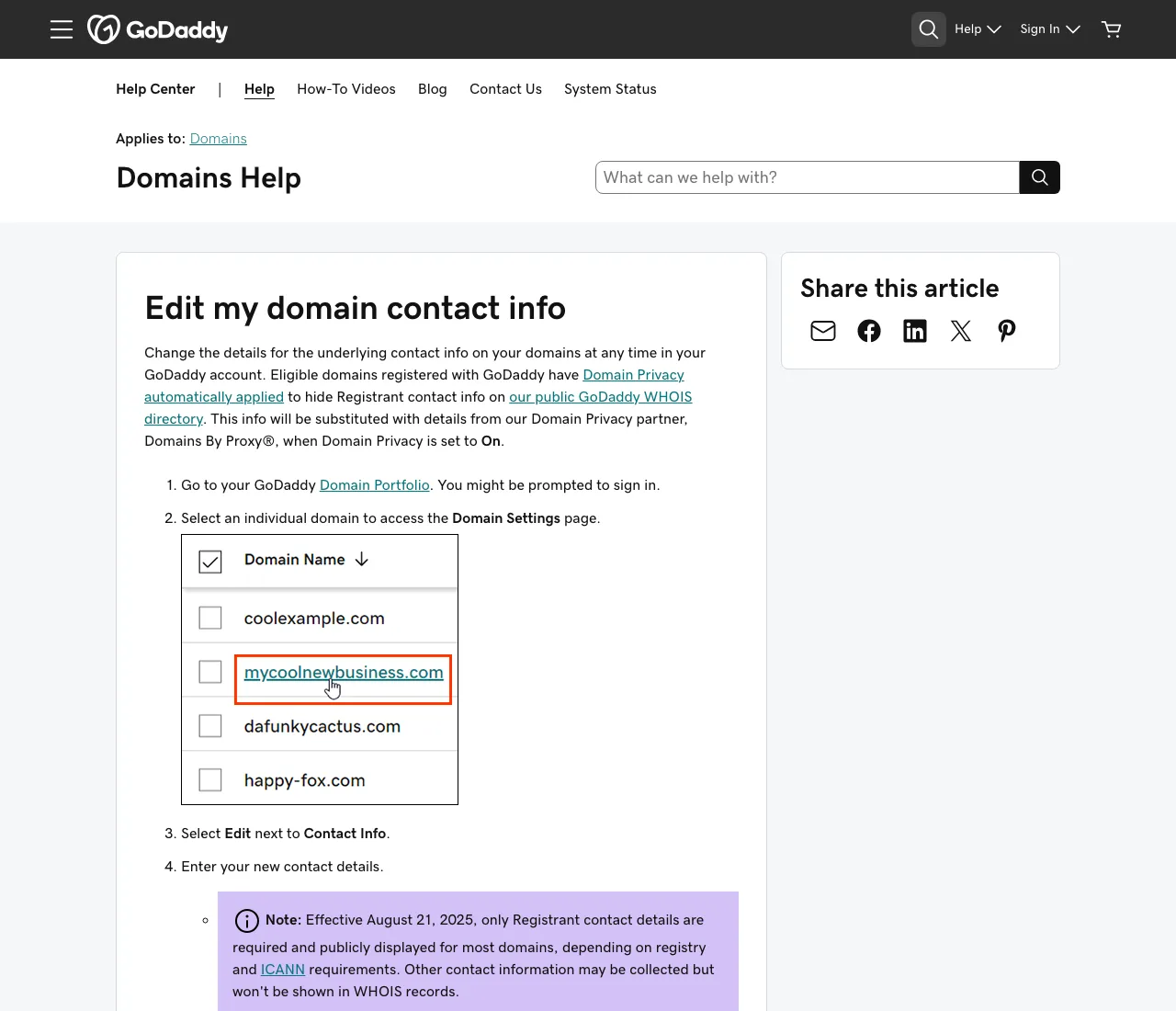 GoDaddy's Edit my domain contact info help page, showing the numbered steps and a highlighted note about which contact details are publicly displayed