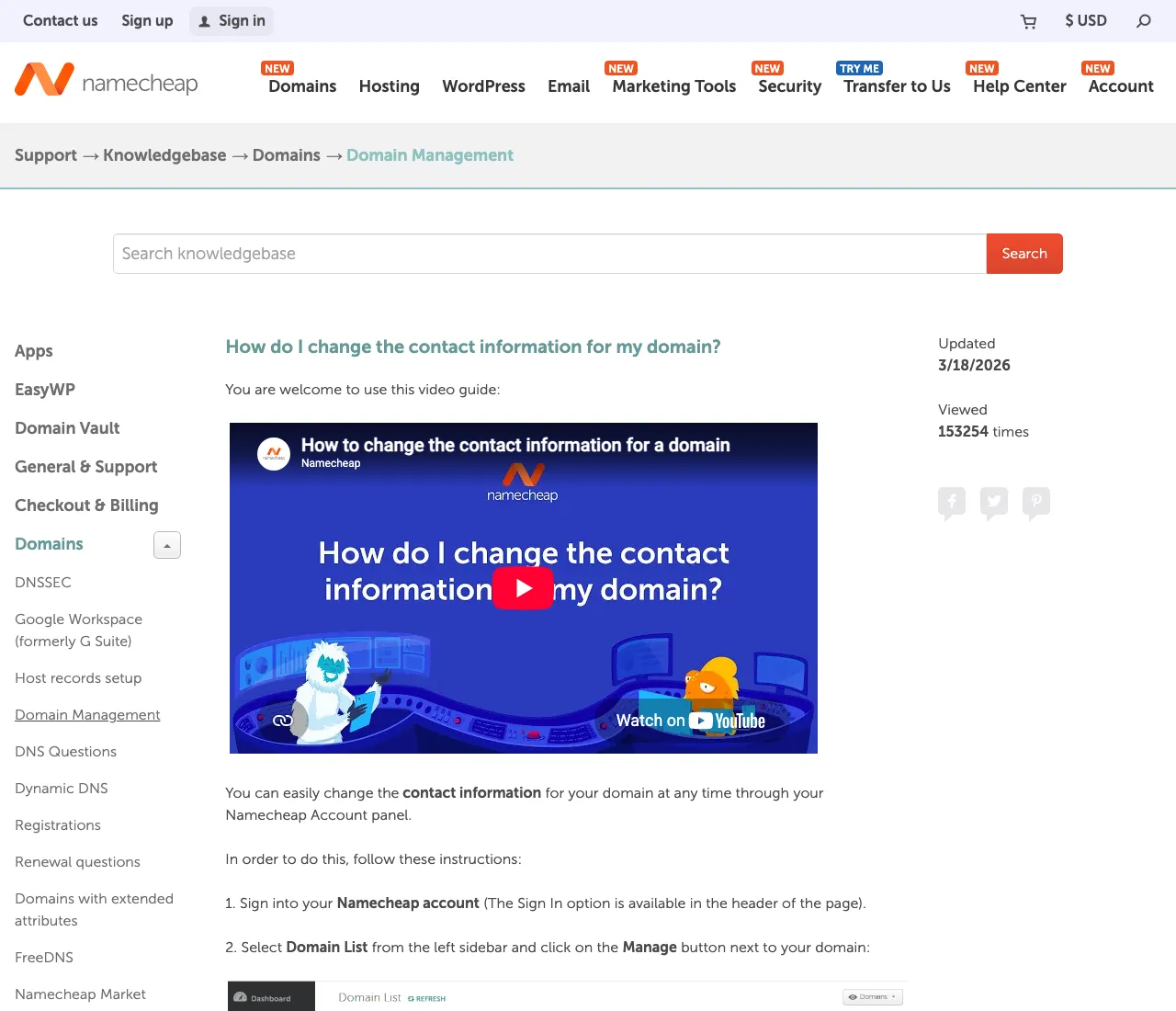 Namecheap knowledgebase article listing the steps to change the contact information for a domain from the Domain List panel