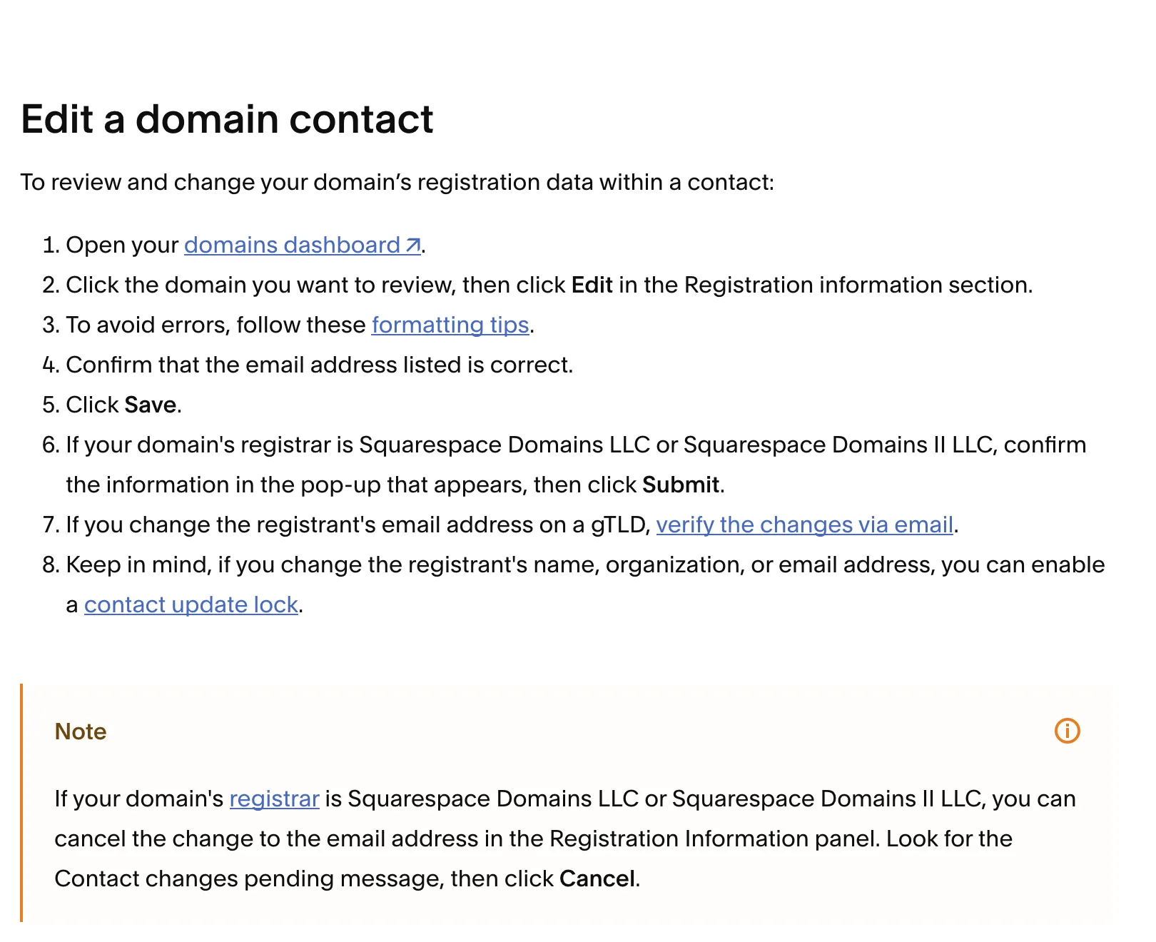 Squarespace help page listing the eight steps to edit a domain contact, ending with a note that changing the registrant can enable a contact update lock