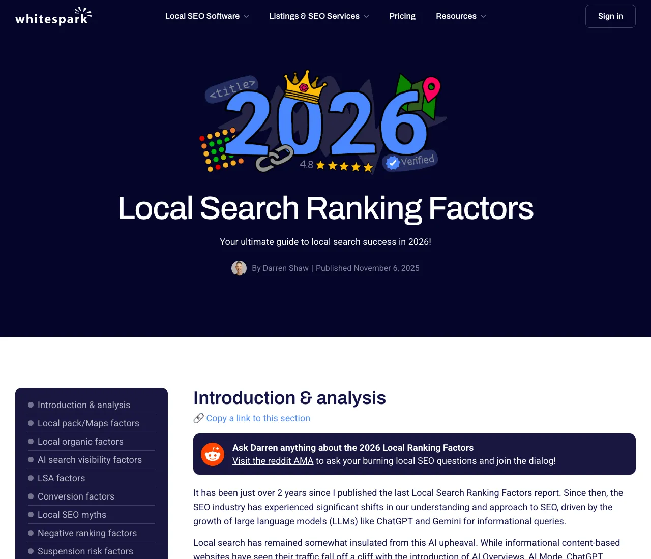 Whitespark's 2026 Local Search Ranking Factors report by Darren Shaw, opening with an introduction and analysis section