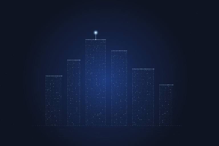 A cluster of office towers drawn in glowing blue dots, the tallest marked with a bright pin.