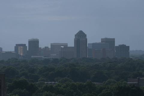 The downtown Clayton office skyline rising above a line of trees in soft morning haze.