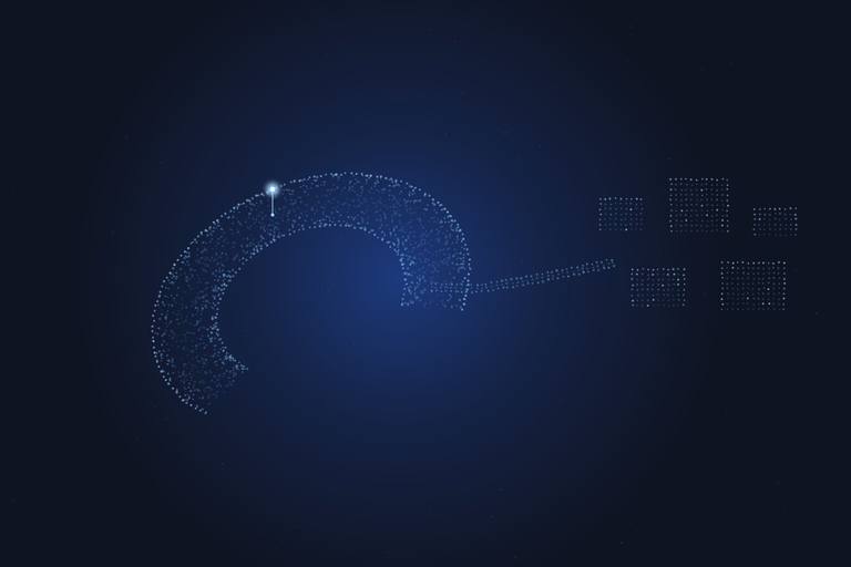 A crescent-shaped lake drawn in glowing blue dots beside a small street grid, with a bright marker on the shore.