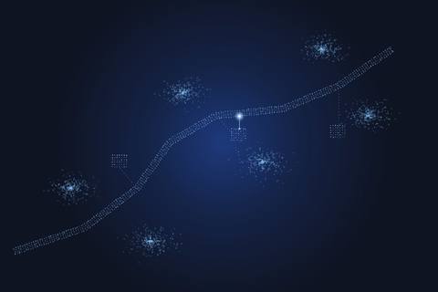 A winding lane drawn in glowing blue dots among soft tree canopies, one estate marked with a bright pin.