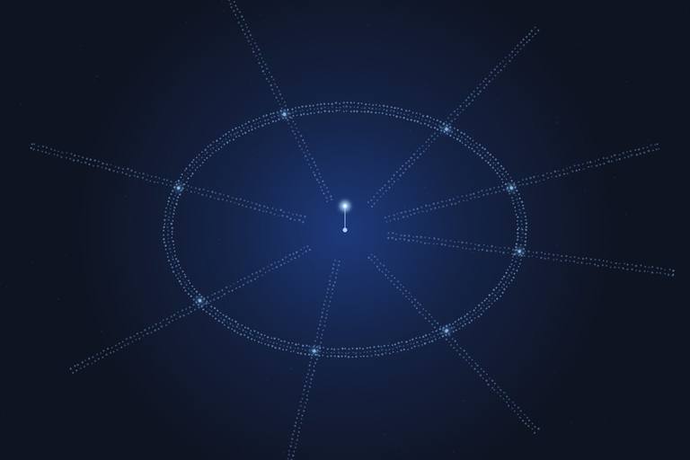 A beltway ring with radiating highways drawn in glowing blue dots, a bright marker at the center.