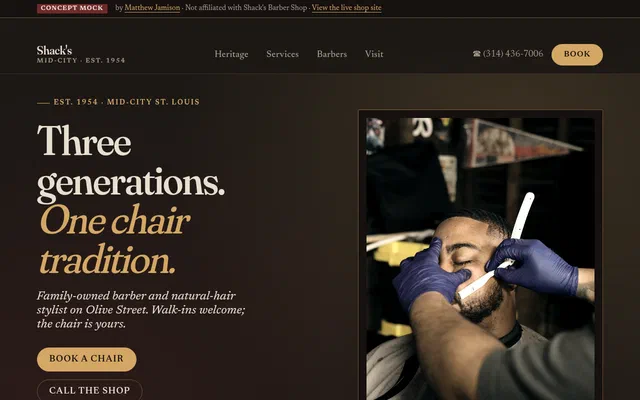 Screenshot of the Shack's Mid-City website, built by Jamison Software Solutions